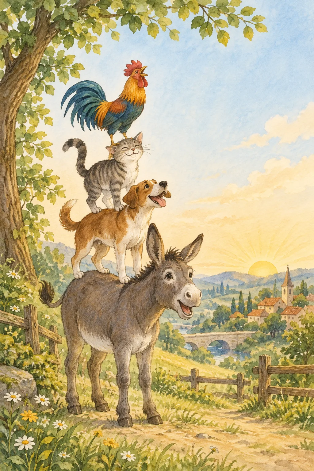 A donkey, dog, cat, and rooster singing together on a country road
