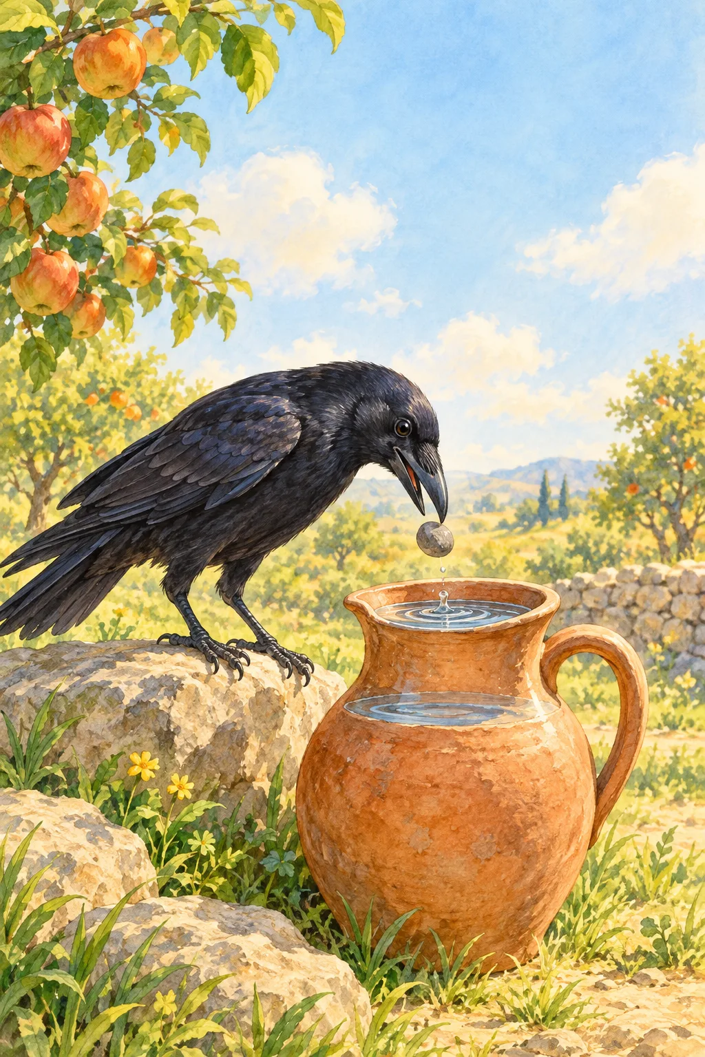A clever crow drops a pebble into a water pitcher in a sunny orchard