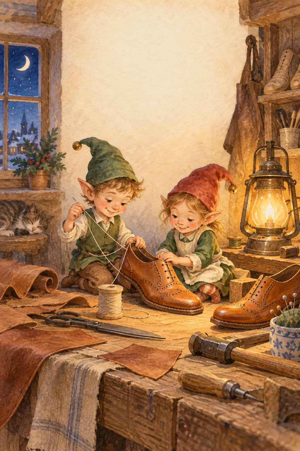 Tiny helpful elves making shoes on a moonlit workbench