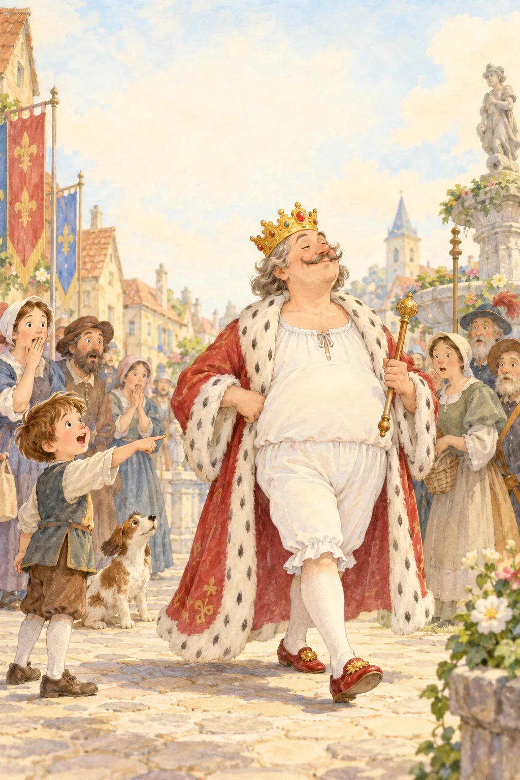 A proud emperor wearing a robe over ordinary clothes in a village parade