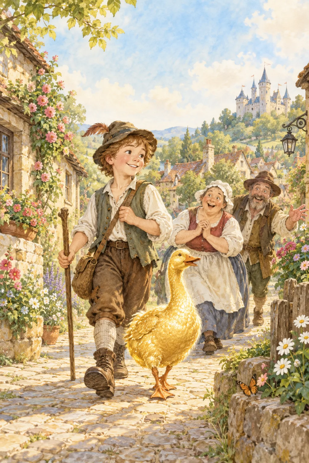 A traveler and golden goose lead a cheerful procession through a village