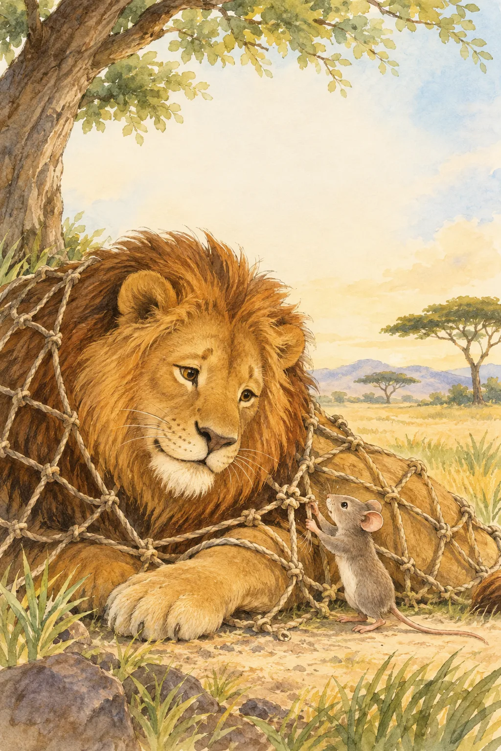 A small mouse helping a lion beside a loose net
