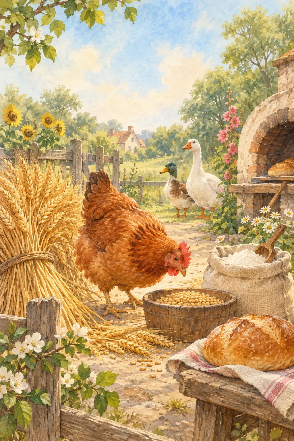 A little red hen tends wheat beside a warm farmhouse