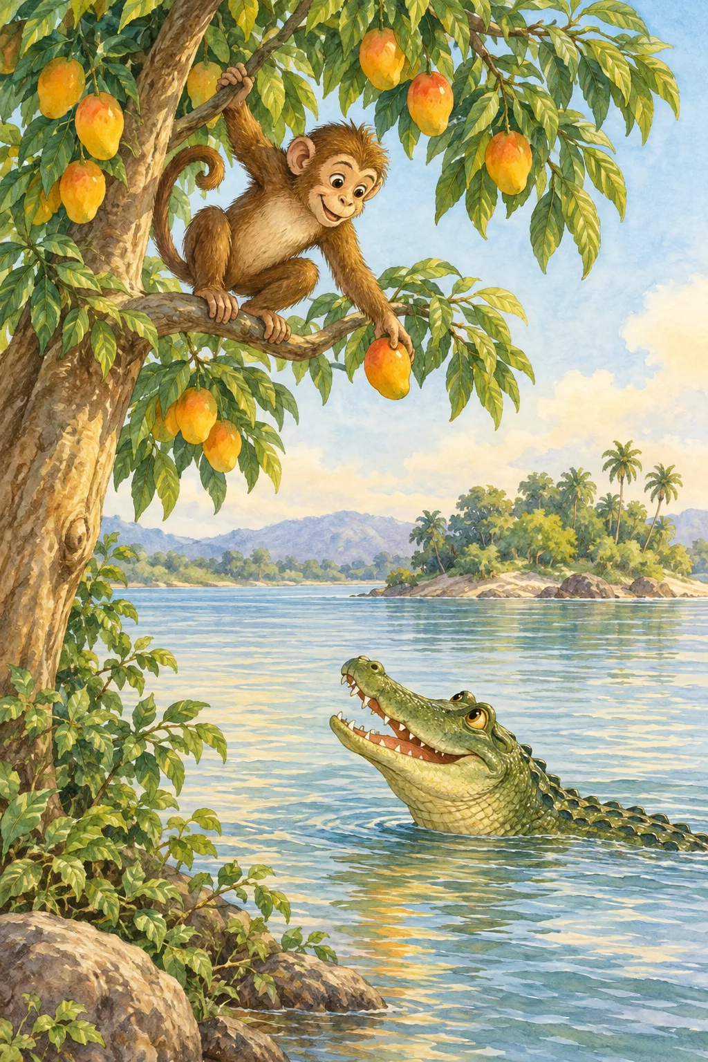 A monkey watches a crocodile beside a fruit tree and a broad river