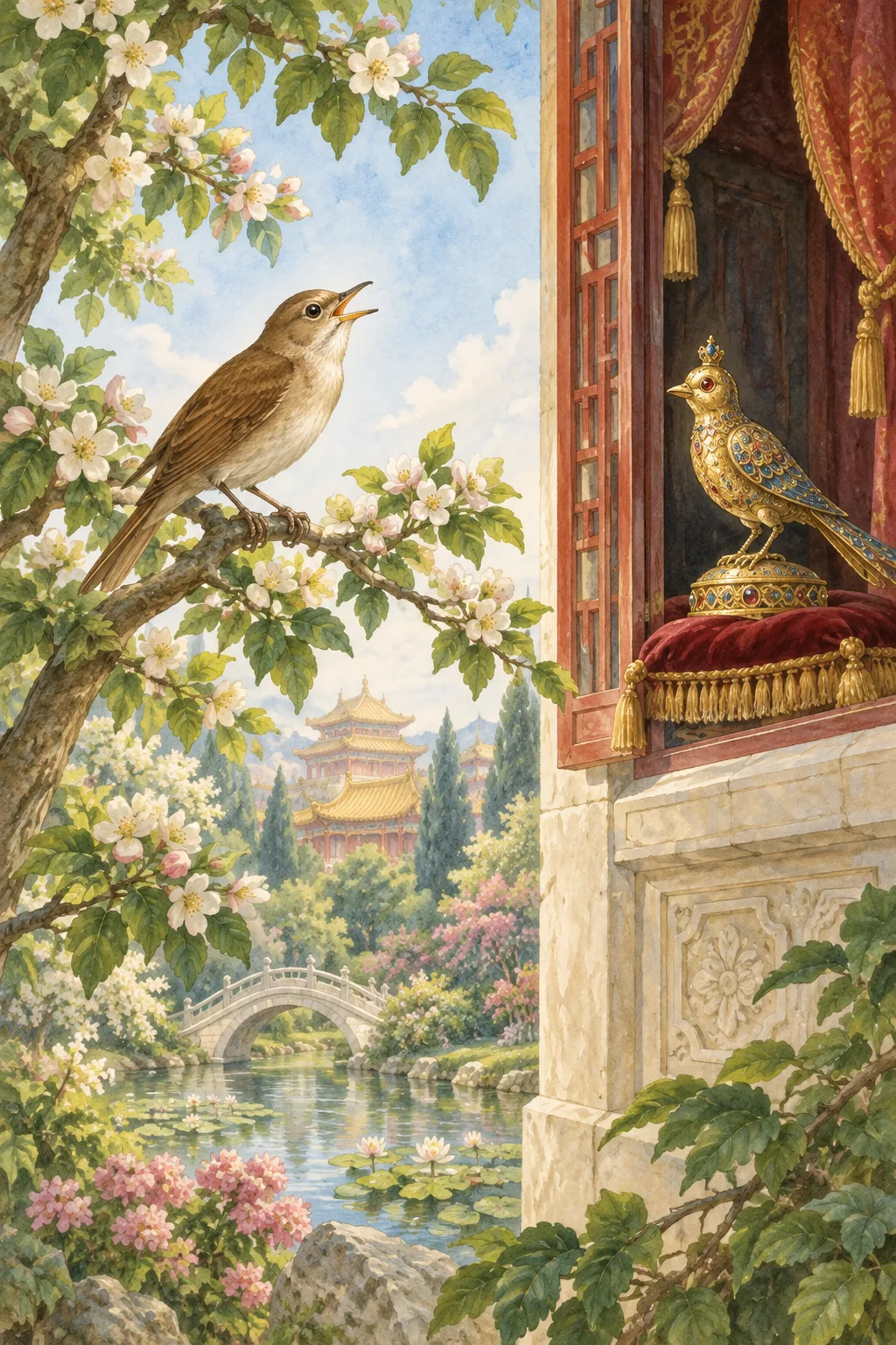 A brown nightingale sings beside a palace window and a jeweled toy bird