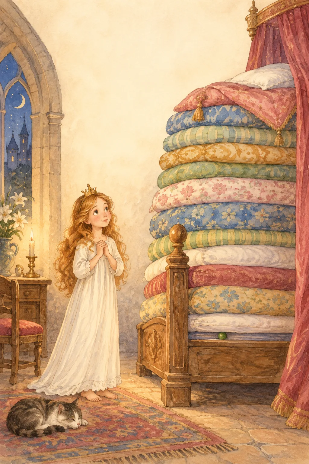 A tiny pea beneath a tall stack of colorful mattresses in a royal bedroom
