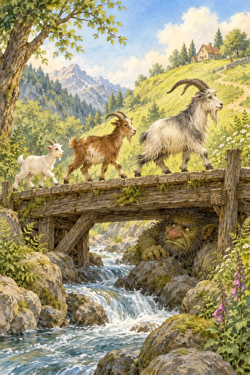 Three billy goats cross a bridge while a troll peeks out below