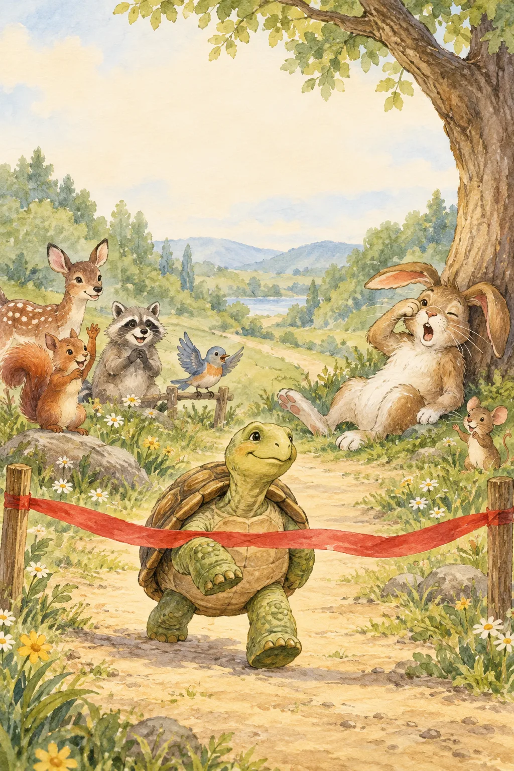 A tortoise walking steadily while a hare rests by a woodland race path