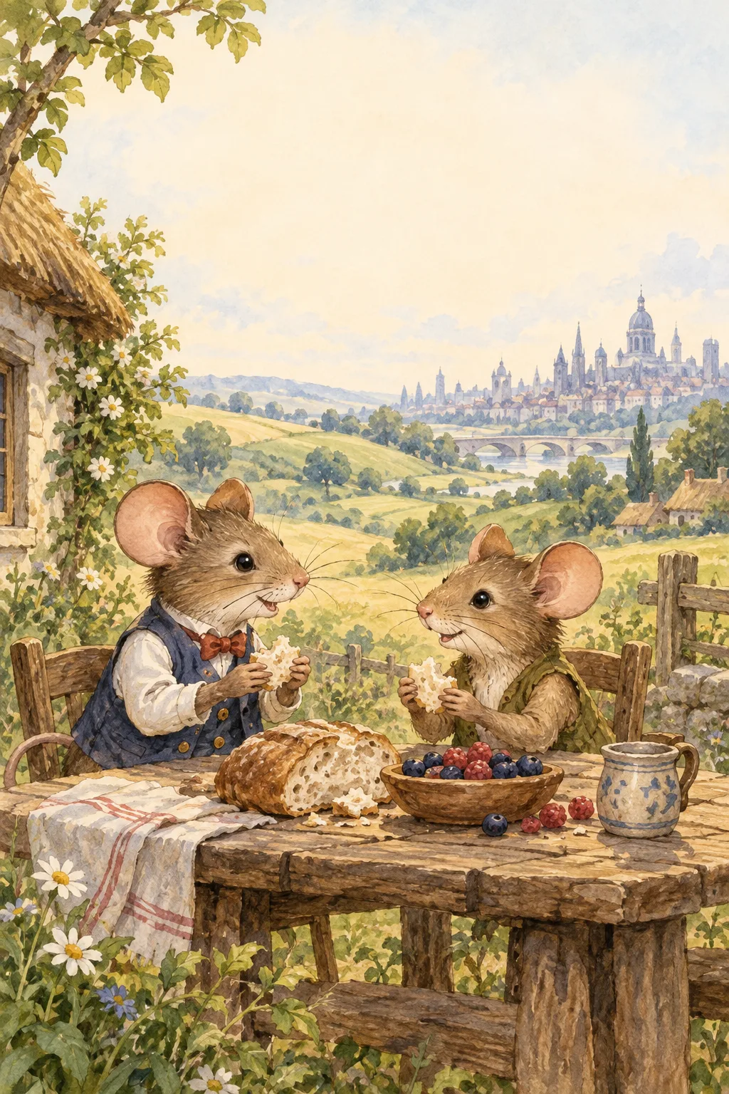 Two mice sharing a meal, with countryside and town in the background