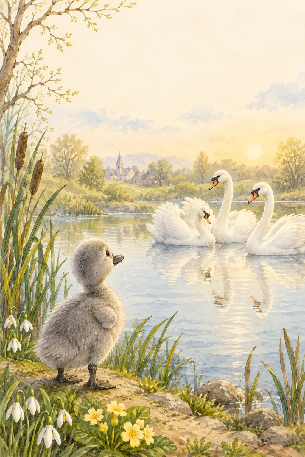 A young gray water bird beside a pond with swans in the distance