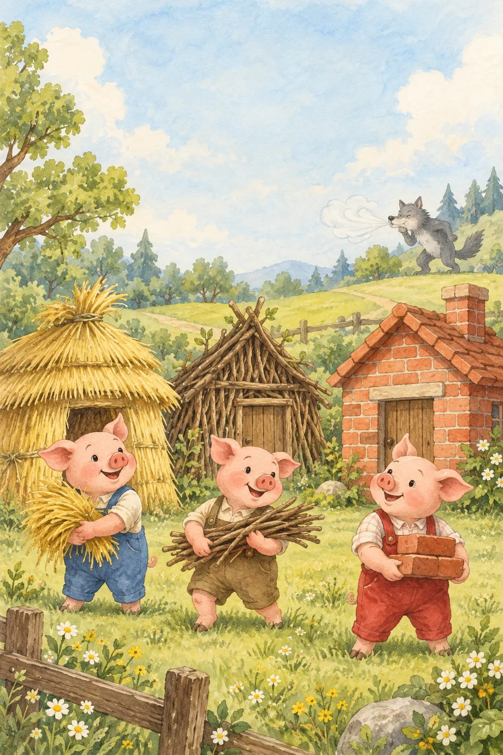 Three cheerful pigs beside straw, sticks, and a brick house