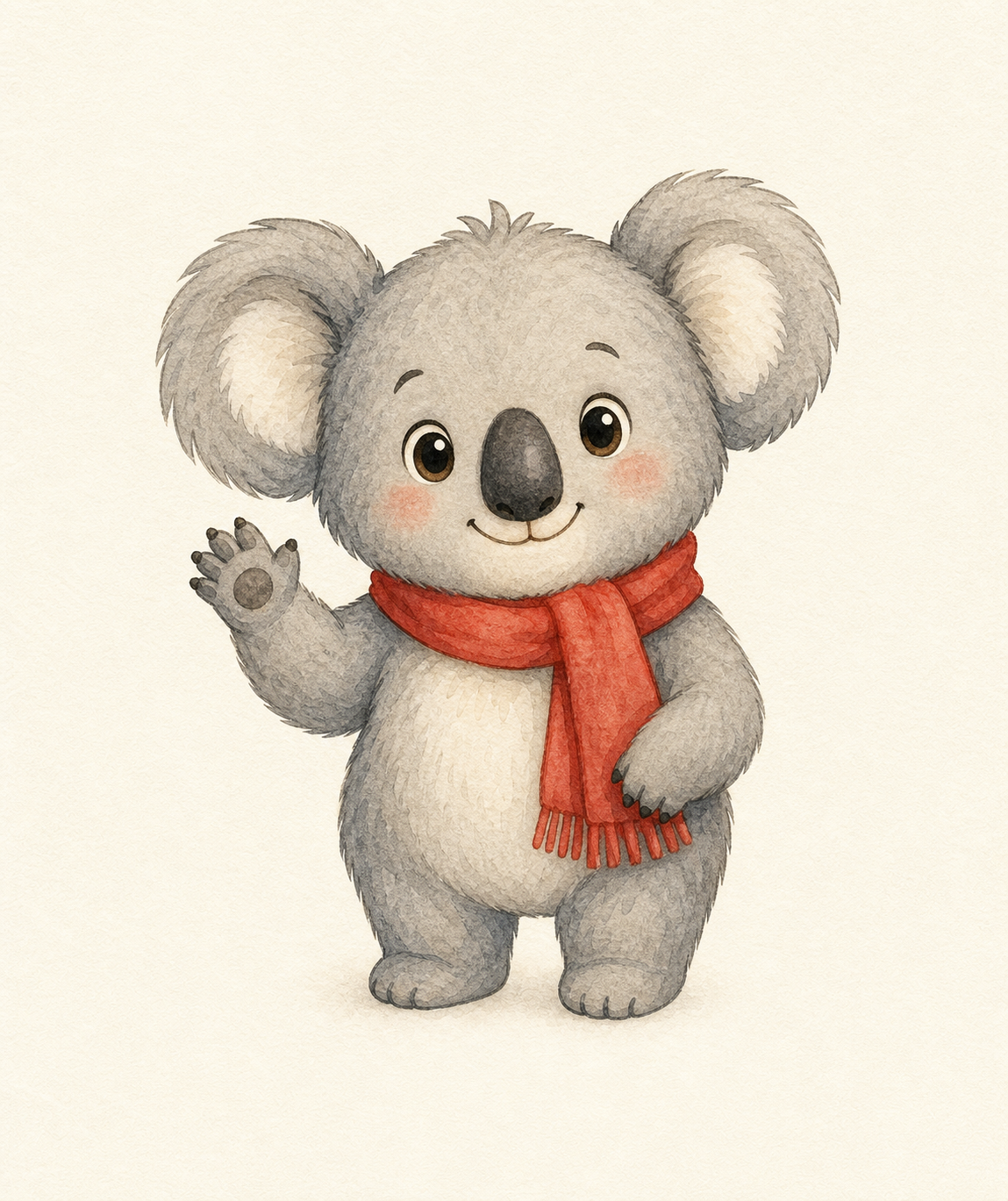 Fifi the grey koala in a red scarf, waving hello.