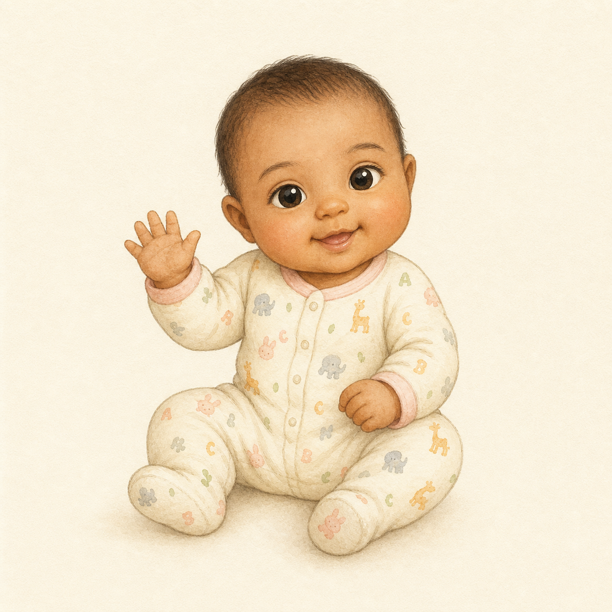 Seraphina, a smiling baby in a soft cream onesie, waving.